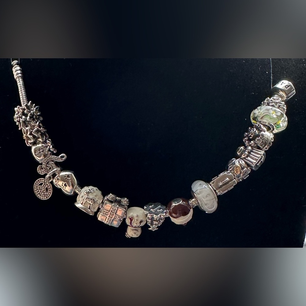 Authentic Pandora Snake Bracelet with 16 charms; 7.5” fits 6.7” wrist.
